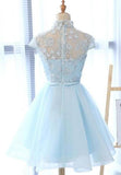 Cute A Line Light Blue High Neck Cap Sleeve Homecoming Dresses with Tulle Flowers H1074 Rjerdress