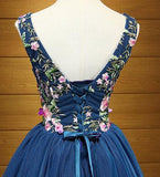 Cute A Line Navy Blue V Neck Short Prom Dresses Flower Lace up Homecoming Dresses RJS957 Rjerdress