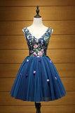 Cute A Line Navy Blue V Neck Short Prom Dresses Flower Lace up Homecoming Dresses RJS957