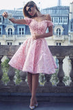 Cute A-Line Off the Shoulder Knee Length Pink Lace Homecoming Dress with Appliques RRJS824 Rjerdress