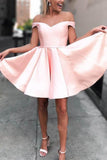 Cute A Line Off the Shoulder Open Back Sweetheart Pink Satin Short Homecoming Dresses RJS03