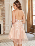 Cute A Line Pink Straps V Neck High Low Homecoming Dresses with Appliques Rjerdress