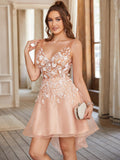 Cute A Line Pink Straps V Neck High Low Homecoming Dresses with Appliques Rjerdress