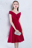 Cute A Line Red Off the Shoulder Satin Sweetheart Knee Length Homecoming Dresses RJS898