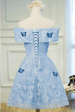 Cute A Line Sky Blue Lace Butterfly Appliques Off the Shoulder Homecoming Dresses RRJS977 Rjerdress