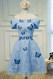 Cute A Line Sky Blue Lace Butterfly Appliques Off the Shoulder Homecoming Dresses RRJS977