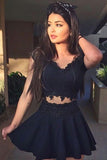 Cute A-Line V-Neck Black Sleeveless Lace Satin Appliques Homecoming Dresses RJS749
