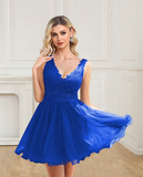 Cute A Line V Neck Chiffon Beads Royal Blue Short Homecoming Dresses with Appliques RJS936