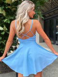 Cute A-Line V-Neck Open Back Short Blue Satin Homecoming Dress with Spaghetti StrapsRJS701 Rjerdress