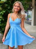 Cute A-Line V-Neck Open Back Short Blue Satin Homecoming Dress with Spaghetti StrapsRJS701