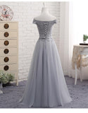 Cute A line Gray Lace Off Shoulder Lace-up Prom Dress with Appliques Graduation Dresses Rrjs105 Rjerdress