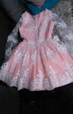 Cute A-line Long Sleeves Pink Short Lace Appliques V-Neck Homecoming Dress RJS45 Rjerdress