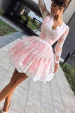 Cute A-line Long Sleeves Pink Short Lace Appliques V-Neck Homecoming Dress RJS45