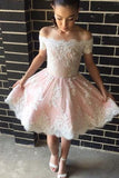 Cute A-line Off-the-shoulder Pink Short Cocktail Dress with Lace Appliques RJS318 Rjerdress