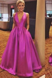 Cute A-line V Neck Satin Hot Pink Long Prom Dress with Ribbon Prom Dresses RJS690
