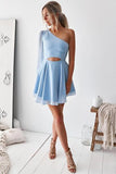 Cute Baby Blue One Shoulder Chiffon Cutout Homecoming Dresses Short Cocktail Dresses