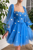 Cute Ball Gown Puffy Sleeve Flowers Embroidery Tulle Short Sweetheart Homecoming Dresses Rjerdress