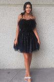 Cute Black Strapless Mini Homecoming Dresses Sequin Ccocktail Dress With Feather H1249