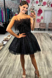 Cute Black Strapless Mini Homecoming Dresses Sequin Ccocktail Dress With Feather H1249 Rjerdress