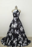 Cute Black and White Floral Satin Halter Vintage Print A-Line High Waisted Prom Dresses Rrjs842