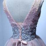 Cute Bling Sequins Short Tulle V Neck Pink Lace up Homecoming Dresses Rjerdress