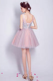 Cute Bling Sequins Short Tulle V Neck Pink Lace up Homecoming Dresses Rjerdress