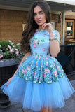 Cute Blue Floral Prints Tulle Short Sleeves A Line Homecoming Graduation Dresses RJS862
