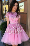 Cute Blue Floral Prints Tulle Short Sleeves A Line Homecoming Graduation Dresses RJS862 Rjerdress