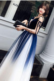Cute Blue Ombre Long Tulle Prom Dress Unique V Neck Sleeveless Dance Dresses RJS906 Rjerdress
