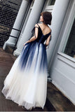 Cute Blue Ombre Long Tulle Prom Dress Unique V Neck Sleeveless Dance Dresses RJS906