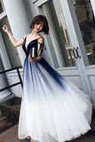 Cute Blue Ombre Long Tulle Prom Dress Unique V Neck Sleeveless Dance Dresses RJS906 Rjerdress