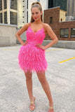 Cute Bodycon V Neck Beaded Above Knee Homecoming Dresses With Feather RJS795