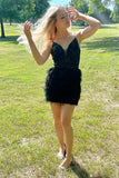 Cute Bodycon V Neck Beaded Above Knee Homecoming Dresses With Feather RJS795 Rjerdress