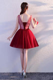 Cute Burgundy Tulle Above Knee Tulle Homecoming Dresses Lace up Belt Graduation Dress RJS820 Rjerdress