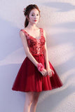 Cute Burgundy Tulle Above Knee Tulle Homecoming Dresses Lace up Belt Graduation Dress RJS820 Rjerdress