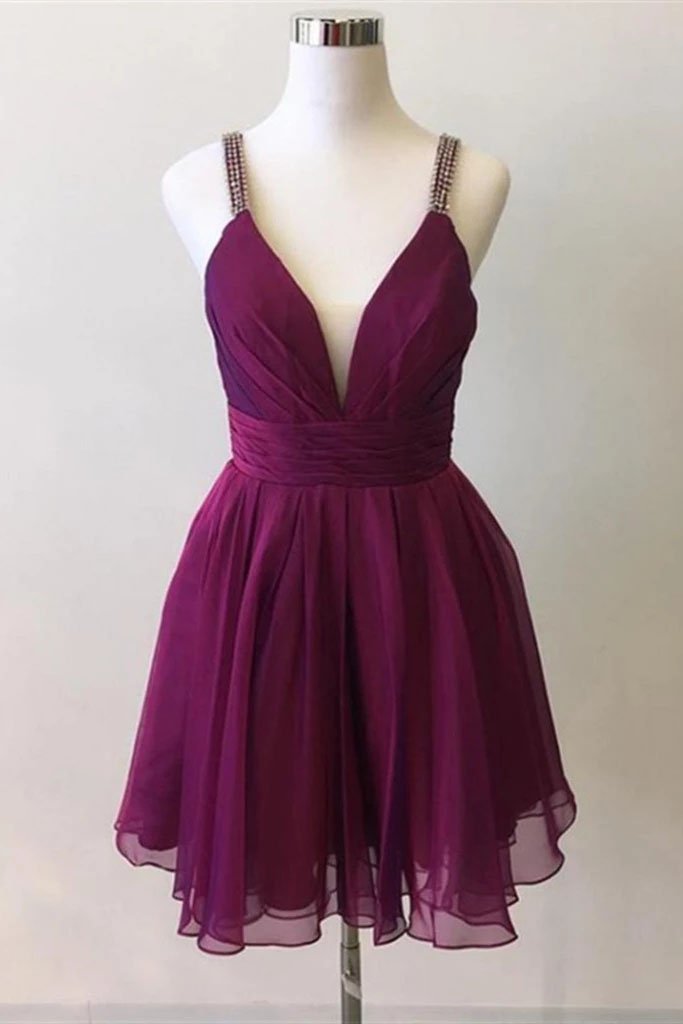 Cute Deep V Neck Purple Chiffon Beads Formal Dresses Homecoming Dresses H1152 Rjerdress