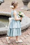 Cute Dusty Blue Satin Crew Neck Tiered Flower Girl Dress With Bowknot