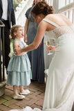 Cute Dusty Blue Satin Crew Neck Tiered Flower Girl Dress With Bowknot Rjerdress