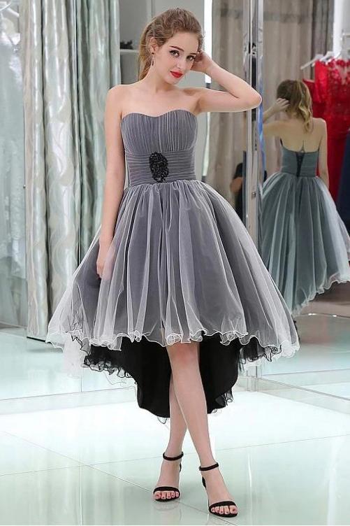 Cute Gray Ruffles High Low Strapless Tulle Homecoming Dresses with Lace up H1261 Rjerdress