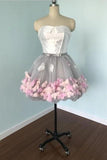 Cute Gray Strapless Tulle Homecoming Dresses with Flowers Short Sweet 16 Dresses H1334 Rjerdress