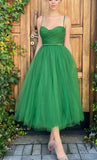 Cute Green Spaghetti Straps Tulle Prom Dress With Sash