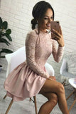 Cute Jewel Long Sleeve Short Pink Homecoming Dress with Lace Bodice Short Dress Rjerdress