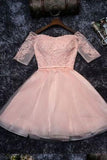 Cute Lace Tulle A-line Off the Should Half Sleeves Short Homecoming Dresses RJS134 Rjerdress