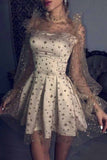 Cute Long Sleeve Grey Tulle Star Homecoming Dresses Above Knee Short Cocktail Dresses Rjerdress