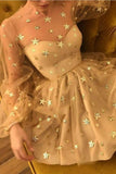 Cute Long Sleeve Tulle Above Knee Homecoming Dresses with Stars Short Dresses RJS780 Rjerdress