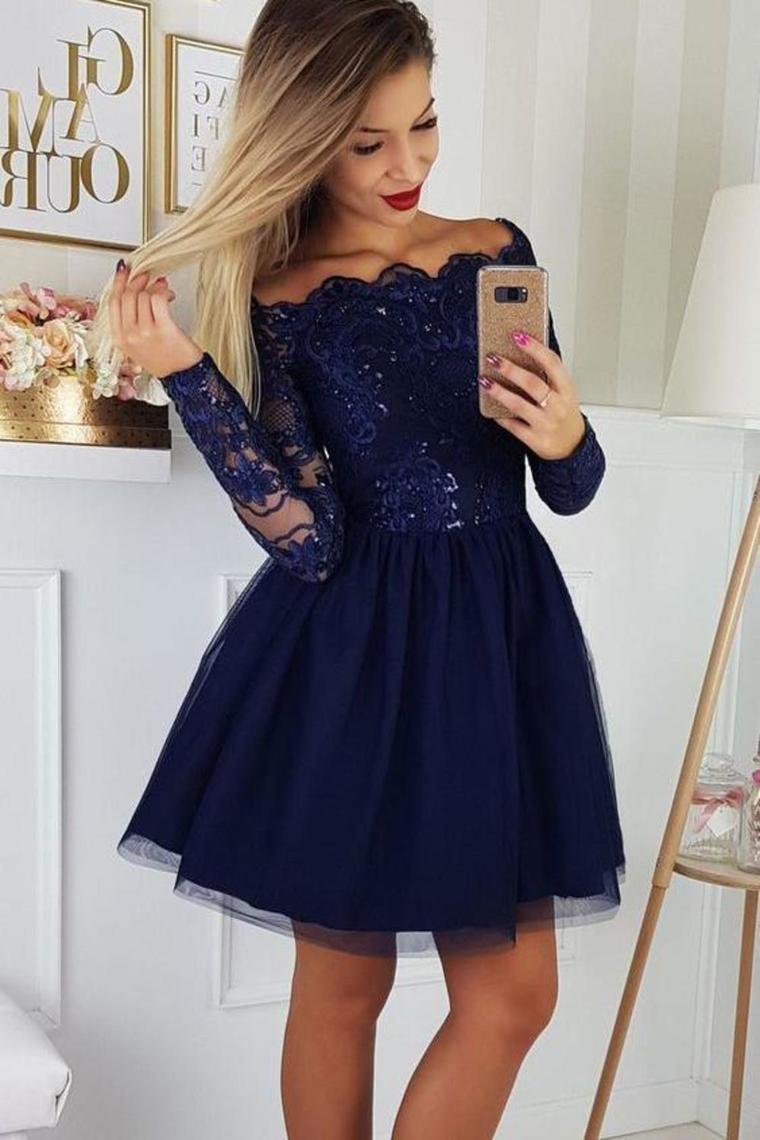Cute Off The Shoulder Tulle Homecoming Dress With Lace Appliques, Short Cocktail Dresses Rjerdress