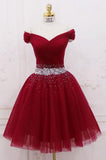 Cute Off the Shoulder Burgundy Homecoming Dresses with Tulle Short Cocktail Dresses H1088 Rjerdress