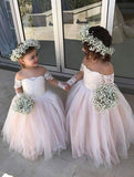 Cute Off the Shoulder Long Sleeve Pink Lace Appliques Tulle Flower Girl Dresses Rjerdress