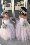 Cute Off the Shoulder Long Sleeve Pink Lace Appliques Tulle Flower Girl Dresses Rjerdress