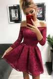 Cute Off the Shoulder Long Sleeves Burgundy Lace Homecoming Dresses Cocktail Dresses H1339
